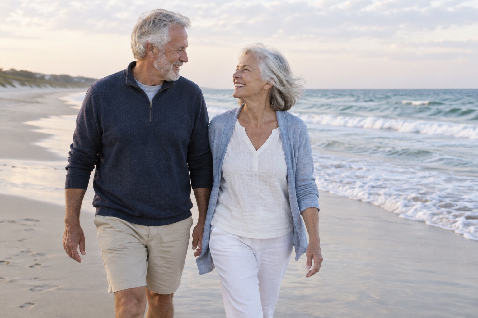 An older couple smiling at each other as they walk along a beach at sunset.